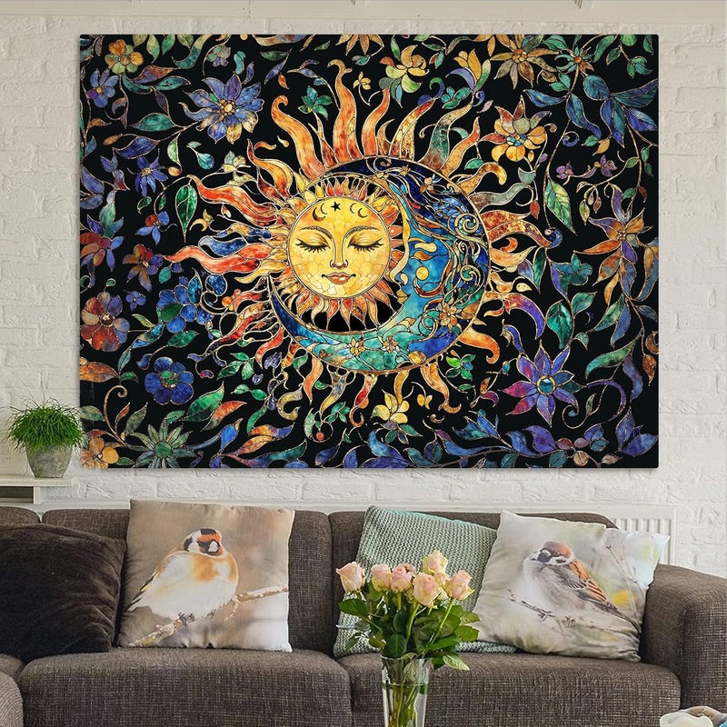 Aipon Sun and Moon Tapestry for Bedroom Boho Hippie Floral Wall Tapestry Aesthetic Vintage Stained Glass Plant Small Tapestries Wall Hanging for Living Room Dorm 48 x 36 Inch - Image 4
